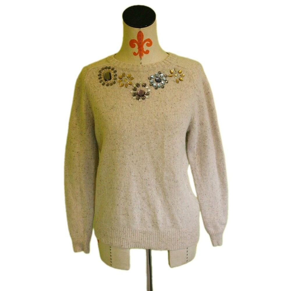 J.Crew Lambswool Knit Sweater Pullover Beige Long Sleeve Knit Jeweled Women Sz M